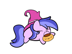 Size: 2560x1920 | Tagged: safe, artist:kimjoman, sea swirl, seafoam, pony, unicorn, background pony, chubbie, cute, eyes closed, female, hat, mare, mouth hold, pumpkin bucket, simple background, transparent background, uwu, witch hat, ych result