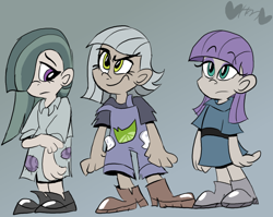 Size: 800x638 | Tagged: safe, artist:mirabuncupcakes15, limestone pie, marble pie, maud pie, human, belt, boots, clothes, dress, female, gray background, hair over one eye, humanized, overalls, pie sisters, shirt, shoes, siblings, simple background, sisters, t-shirt