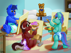 Size: 2500x1854 | Tagged: safe, artist:wittleskaj, oc, oc:daydream, oc:red treasure, oc:skaj, earth pony, pegasus, pony, brush, canvas, colt, diaper, female, filly, foal, hoof painting, male, painting, plushie, teddy bear