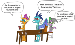 Size: 1500x900 | Tagged: safe, artist:rainbowbacon, princess ember, smolder, spike, dragon, dungeons and dragons, game night, ogres and oubliettes, rpg, yahtzee