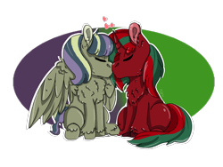 Size: 2000x1500 | Tagged: safe, artist:euspuche, oc, oc only, oc:ambrosia, oc:ambrosia firehoof, oc:frozen night, pegasus, unicorn, commission, cuddling, fluffy, kissing, simple background, transparent background