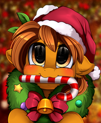 Size: 1446x1764 | Tagged: safe, artist:pridark, oc, oc:zip circuit, earth pony, pony, bell, blushing, candy, candy cane, christmas, commission, cute, food, hat, holiday, mouth hold, ocbetes, pridark's christmas ponies, santa hat, solo, wreath, ych result