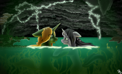 Size: 3500x2140 | Tagged: safe, artist:sevenserenity, oc, oc only, oc:bullet storm, oc:dragon storm, unicorn, bioluminescent, cave, complex background, duo, eye contact, holding hooves, looking at each other, mushroom, plant, shipping, vine, water, wet mane