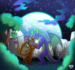 Size: 3550x3330 | Tagged: safe, artist:dragonfoxgirl, smolder, spike, dragon, the last problem, blushing, commission, dragoness, eyes closed, female, gigachad spike, kiss on the head, kissing, male, moon, older, older smolder, older spike, shipping, smiling, spolder, straight, winged spike
