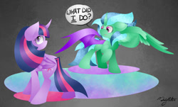 Size: 1024x617 | Tagged: safe, artist:marly-kaxon, twilight sparkle, twilight sparkle (alicorn), oc, oc:sour note, alicorn, pony, alicornified, curved horn, dialogue, duo, female, folded wings, horn, mare, race swap, raised hoof, speech bubble, text, wings