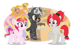 Size: 2719x1772 | Tagged: safe, artist:raspberrystudios, oc, oc only, oc:aurelia charm, oc:final verse, oc:miss final verse, oc:shadow strike, alicorn, hybrid, pony, zony, alicorn oc, birthday, birthday cake, bow, cake, commission, cupcake, food, present