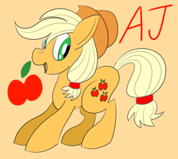 Size: 1206x1080 | Tagged: safe, artist:notadeliciouspotato, derpibooru import, applejack, earth pony, pony, female, looking back, mare, orange background, simple background, smiling, solo