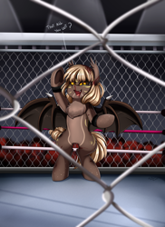 Size: 2550x3509 | Tagged: safe, artist:pridark, oc, oc only, oc:gilded oak, bat pony, pony, bat pony oc, blood, boxing ring, cage, commission, crowd, dialogue, female, looking at you, nosebleed, open mouth, solo, wwe