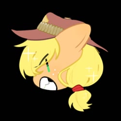 Size: 800x800 | Tagged: safe, artist:snowillusory, derpibooru import, applejack, earth pony, pony, angry, black background, bust, chibi, cowboy hat, female, hat, mare, simple background, solo