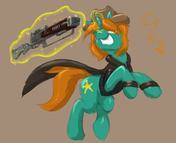 Size: 2400x1952 | Tagged: safe, artist:frist44, derpibooru import, oc, oc only, oc:dust runner, pony, unicorn, fallout equestria, clothes, cowboy hat, cutie mark, energy weapon, fallout, fallout: new vegas, female, glowing horn, grin, gun, hat, hooves, horn, laser rifle, levitation, magic, magical energy weapon, male, mare, rifle, simple background, smiling, solo, stallion, telekinesis, weapon