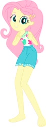 Size: 310x853 | Tagged: safe, artist:marcorois, edit, editor:thomasfan45, fluttershy, human, better together, equestria girls, i'm on a yacht, barefoot, clothes, cute, edited vector, feet, female, geode of fauna, legs, looking at you, magical geodes, sexy, shorts, shyabetes, simple background, smiling, solo, vector, white background