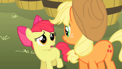 Size: 1920x1080 | Tagged: safe, screencap, apple bloom, applejack, earth pony, pony, the super speedy cider squeezy 6000