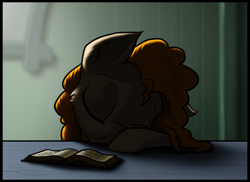 Size: 1301x947 | Tagged: safe, artist:narbarnar, pear butter, pony, book, moody, open mouth, shading, sleeping