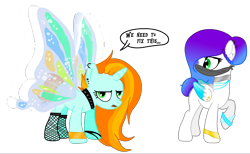 Size: 2830x1744 | Tagged: safe, artist:darktailsko, derpibooru import, oc, oc only, oc:fly-bi, oc:streetz, pegasus, pony, unicorn, bandage, bracelet, butterfly wings, choker, ear piercing, earring, female, fishnet stockings, jewelry, mare, necklace, open mouth, piercing, raised hoof, simple background, solo, spiked choker, transparent background, wing piercing, wristband