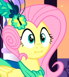 Size: 816x915 | Tagged: safe, screencap, fluttershy, pegasus, pony, make new friends but keep discord, :i, clothes, cropped, dress, female, gala dress, mare, solo, we bought two cakes