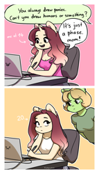 Size: 1300x2274 | Tagged: safe, artist:katputze, oc, oc only, oc:crimson sunset, anthro, unicorn, anthro oc, braces, caught, clothes, comic, computer, drawing, drawing tablet, female, filly, foal, it's a phase, it's not a phase, laptop computer, mare, mom, mother and child, mother and daughter, parent and child, ponysona, shirt, sitting, stylus, t-shirt, teenager, then and now, younger