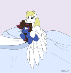 Size: 3758x3849 | Tagged: safe, artist:neoncel, oc, oc:sketch, oc:wholeheart, pegasus, pony, bed, snuggling, wings