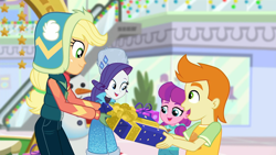 Size: 1920x1080 | Tagged: safe, screencap, applejack, gallop j. fry, lily longsocks, rarity, better together, equestria girls, holidays unwrapped, canterlot mall, child, children, clothes, coat, cute, decoration, escalator, gift box, gift giving, gloves, holiday decorations, jacket, male, present, rarity's winter hat, snowman, winter break-in, winter coat, winter hat, winter outfit