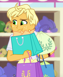 Size: 776x945 | Tagged: safe, screencap, ragamuffin (equestria girls), better together, equestria girls, spring breakdown, arms, clothes, cropped, cute, embarrassed, freckles, male, puffy cheeks, ragabetes, shopping bags