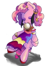 Size: 501x654 | Tagged: safe, artist:koto, derpibooru import, pinkie pie, earth pony, pony, friendship is witchcraft, bipedal, clothes, ear piercing, earring, eyes closed, gypsy pie, jewelry, mouth hold, musical instrument, piercing, pixiv, romani, simple background, solo, tambourine, white background