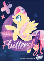 Size: 1489x2079 | Tagged: safe, fluttershy, butterfly, pegasus, pony, enterplay, flying, merchandise, moon, my little pony logo, smiling, solo, text