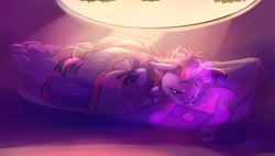 Size: 4000x2268 | Tagged: safe, alternate version, artist:imsokyo, twilight sparkle, unicorn twilight, pony, unicorn, /mlp/, bed, bedroom, book, cute, female, glowing horn, golden oaks library, horn, in bed, levitation, lidded eyes, lying down, lying on bed, magic, mare, on bed, prone, reading, solo, telekinesis