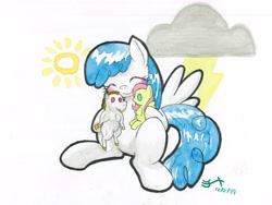 Size: 4000x3000 | Tagged: safe, artist:michiito, bulk biceps, fluttershy, lightning bolt, white lightning, pegasus, pony, eyes closed, implied flutterbulk, shipper on deck, smiling, solo, toy, traditional art, watercolor painting