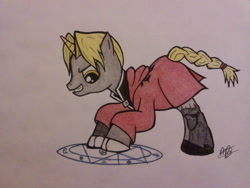 Size: 900x675 | Tagged: safe, artist:artmaniacmaster, pony, crossover, edward elric, fullmetal alchemist, ponified, solo, traditional art