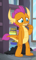 Size: 527x867 | Tagged: safe, screencap, smolder, dragon, molt down, apology, claws, closet, cropped, cute, dragoness, embarrassed, fangs, female, folded wings, grin, guilty, horns, sheepish grin, smiling, smolderbetes, solo, sorry, teenaged dragon, teenager, toes, wings