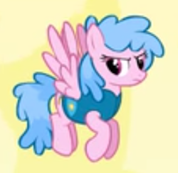 Size: 255x249 | Tagged: safe, screencap, pegasus, pony, winter wrap up, background pony, candy floss (character), clothes, cropped, female, flying, frown, mare, picture for breezies, sideways glance, solo, vest, weather team, winter wrap up vest