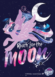 Size: 1489x2079 | Tagged: safe, twilight sparkle, twilight sparkle (alicorn), alicorn, pony, enterplay, merchandise, moon, my little pony logo, smiling, solo, stars, wingding eyes, wings extended