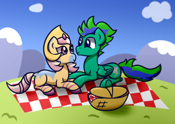 Size: 1500x1060 | Tagged: safe, artist:daromius, oc, oc only, oc:cygnus, oc:gale twister, zebra, basket, cresselia, cute, cygale, eye contact, looking at each other, oc x oc, outdoors, picnic, picnic blanket, pokémon, ponymon, shipping, zebra oc