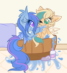 Size: 3118x3404 | Tagged: safe, artist:starlightlore, oc, oc only, oc:astral flare, oc:sun light, bat pony, pegasus, pony, bath, bathtub, female, filly, splashing