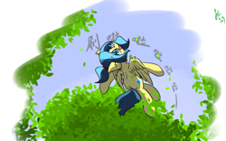 Size: 960x600 | Tagged: safe, artist:jerryenderby, oc, oc only, oc:sino, oc:sinoquestria, pegasus, pony, female, flying, leaf, leaves, mare, onomatopoeia, ponytail, sky, smiling, solo, tree