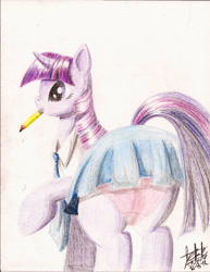 Size: 1700x2203 | Tagged: safe, artist:fizzyrox, twilight sparkle, unicorn twilight, pony, unicorn, clothes, female, mare, miniskirt, mouth hold, necktie, pencil, pleated skirt, raised hoof, signature, skirt, solo, traditional art, upskirt