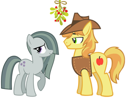 Size: 2095x1633 | Tagged: safe, braeburn, marble pie, earth pony, pony, braebetes, braeble, christmas, cute, female, hearth's warming, holiday, male, marblebetes, mistleholly, romantic, shipping, shy, straight