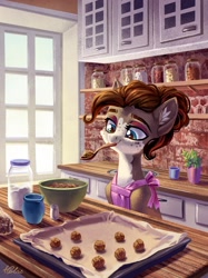 Size: 1654x2217 | Tagged: safe, artist:holivi, derpibooru import, oc, oc only, oc:cookie dough, cat pony, original species, pony, apron, baking, brick, brown hair, bun, clothes, color, commission, cookie, cute, female, food, green eyes, kitchen, lighting, makeup, mare, plant, solo, spoon, window