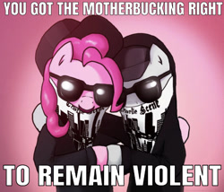 Size: 637x544 | Tagged: safe, artist:makc-hunter, derpibooru import, edit, editor:undeadponysoldier, pinkie pie, earth pony, pony, bandana, charlie scene, crossover, hollywood undead, kill everyone (song), song reference, sunglasses, talking to viewer, text, vulgar