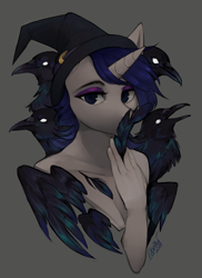 Size: 1200x1650 | Tagged: safe, artist:varllai, oc, oc:moonlit silver, anthro, bird, crow, unicorn, bust, commission, hat, portrait, solo, your character here