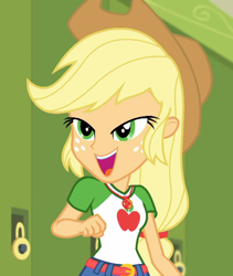 Size: 910x1080 | Tagged: safe, screencap, applejack, better together, equestria girls, holidays unwrapped, applejack's hat, canterlot high, cowboy hat, cropped, cute, female, freckles, geode of super strength, hallway, hat, jackabetes, lockers, magical geodes, o come all ye squashful, open mouth, smiling, solo