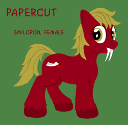 Size: 450x437 | Tagged: safe, artist:quint-t-w, oc, oc only, oc:papercut, original species, pony, fangs, female, green background, looking at you, old art, sabertooth pony, sharp teeth, simple background, solo, teeth, text, unshorn fetlocks