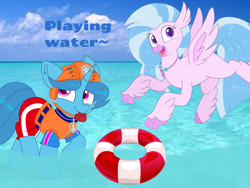 Size: 1440x1080 | Tagged: safe, artist:rainbow eevee edits, artist:徐詩珮, silverstream, spring rain, pony, unicorn, series:sprglitemplight diary, series:sprglitemplight life jacket days, series:springshadowdrops diary, series:springshadowdrops life jacket days, alternate universe, clothes, cute, diastreamies, lifeguard, lifeguard spring rain, paw patrol, zuma (paw patrol)