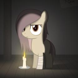 Size: 750x750 | Tagged: safe, artist:modocrisma, oc, oc only, oc:marma, earth pony, pony, fanfic:star's diary, alternate universe, au:lbau, bandage, candle, candlelight, dim light, female, filly, frown, looking at you, orphan, orphanage, solo, tired, upset, watermark