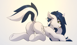 Size: 1280x749 | Tagged: safe, artist:queenbloodysky, oc, oc only, oc:muffinkarton, pony, unicorn, butt, female, looking at you, mare, plot, solo, tongue out