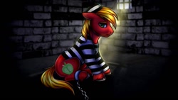 Size: 1280x720 | Tagged: safe, artist:megabait, big macintosh, pony, ball and chain, clothes, hat, jail, prison, prison outfit, prison stripes, solo