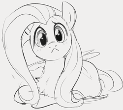 Size: 820x736 | Tagged: safe, artist:dotkwa, fluttershy, pegasus, pony, :<, behaving like a cat, chest fluff, cute, female, fluttercat, looking at you, mare, monochrome, shyabetes, simple background, solo, white background