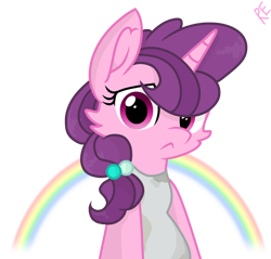 Size: 1098x1049 | Tagged: safe, artist:rainbow eevee, sugar belle, pony, unicorn, bipedal, clothes, cute, female, looking at you, rainbow, simple background, solo, sticker, tanktop, transparent background