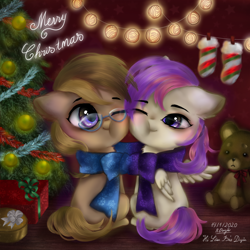 Size: 1200x1200 | Tagged: safe, artist:holambaoduyen, oc, oc only, oc:dawnsong, oc:evensong, earth pony, pegasus, cheek squish, christmas, christmas tree, clothes, couple, glasses, holiday, merry christmas, one eye closed, ribbon, scarf, shared clothing, shared scarf, squishy cheeks, teddy bear, tree, wink, ych result