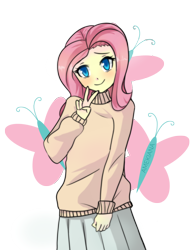Size: 2638x3400 | Tagged: safe, artist:amekiana, fluttershy, human, anime, clothes, cutie mark background, female, high res, humanized, simple background, solo, sweater, sweatershy, transparent background