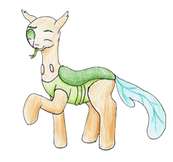 Size: 2168x2027 | Tagged: safe, artist:40kponyguy, derpibooru exclusive, oc, oc only, oc:lepi, changedling, changeling, 2020 community collab, derpibooru community collaboration, forked tongue, green changeling, looking at you, one eye closed, raised hoof, simple background, solo, tongue out, traditional art, transparent background